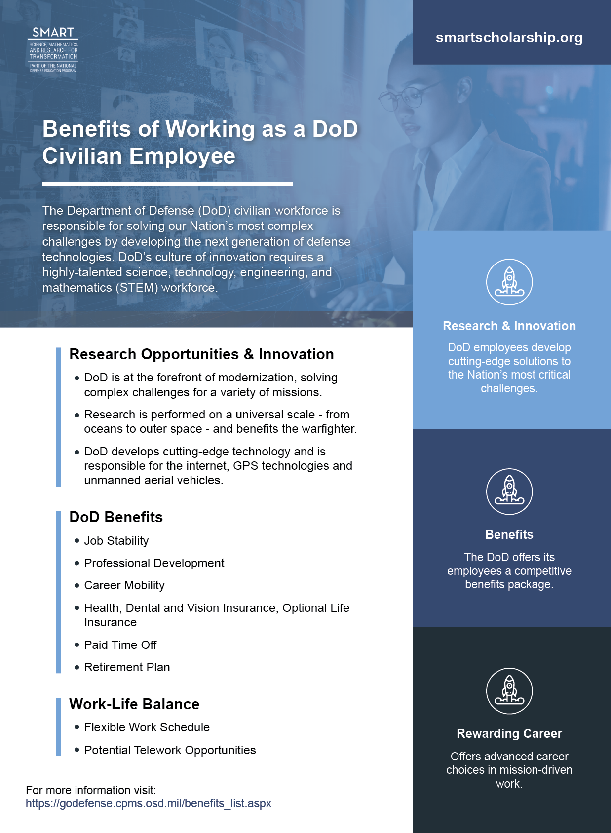 A PDF of the benefits of working as a DoD civilian employee.